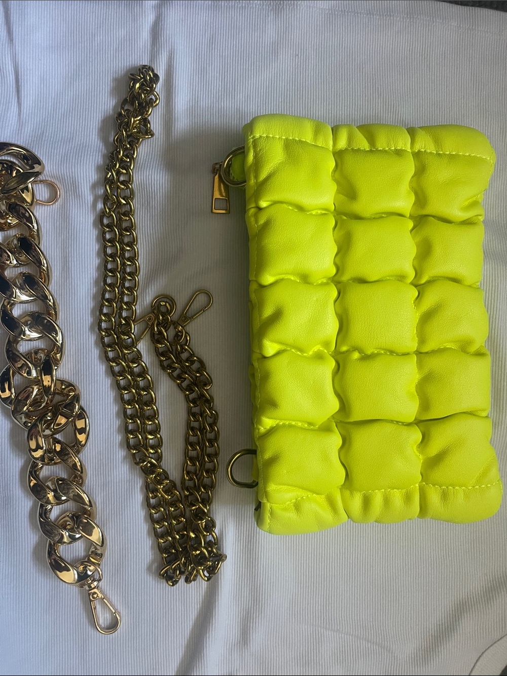 Quilted Neon Yellow Crossbody Bag with Gold Chain or Clutch